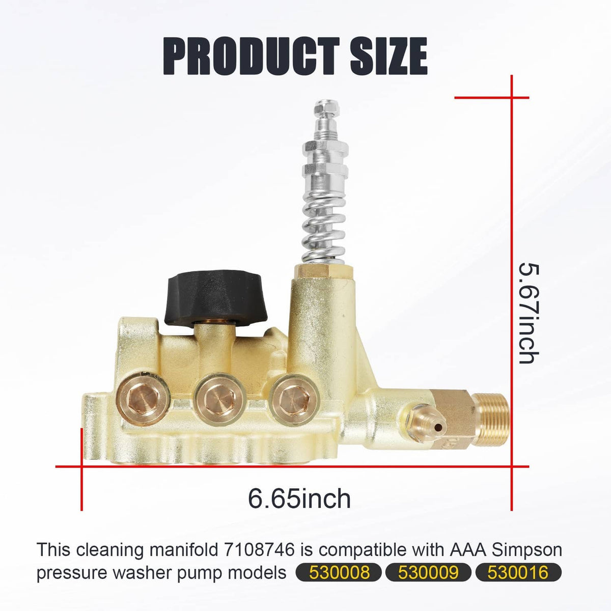 Gold pressure washer pump manifold with black unloader, spring, and 6.65 in size