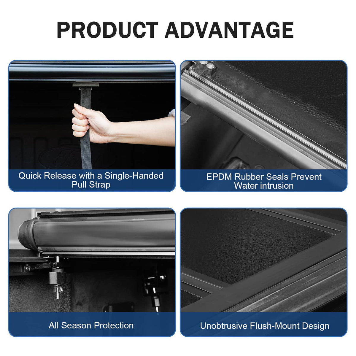 Detail view of hard tri-fold tonneau cover seals and flush-mount rails