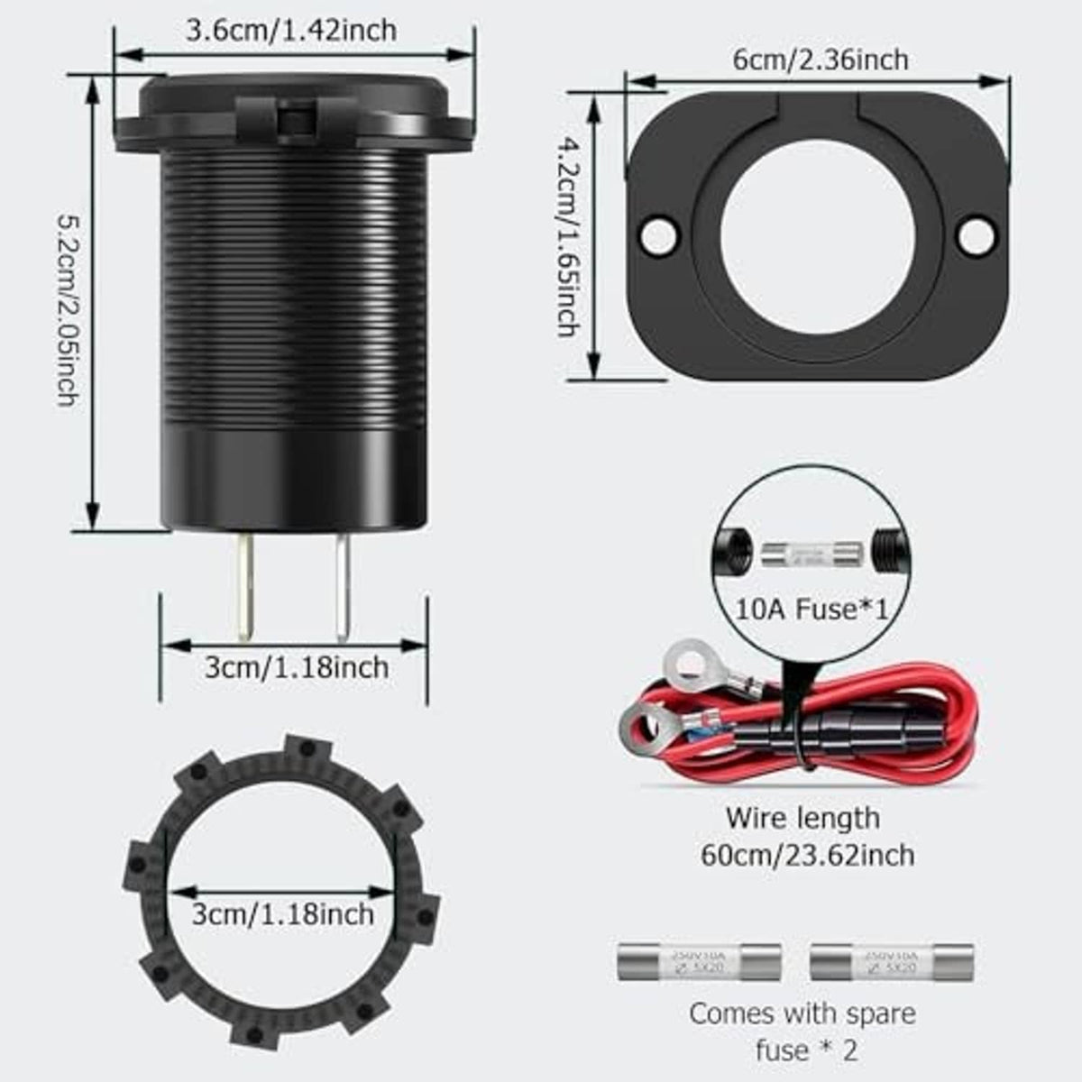 Black 12V USB-C car charger with mounting ring, spare fuse, and red wire set