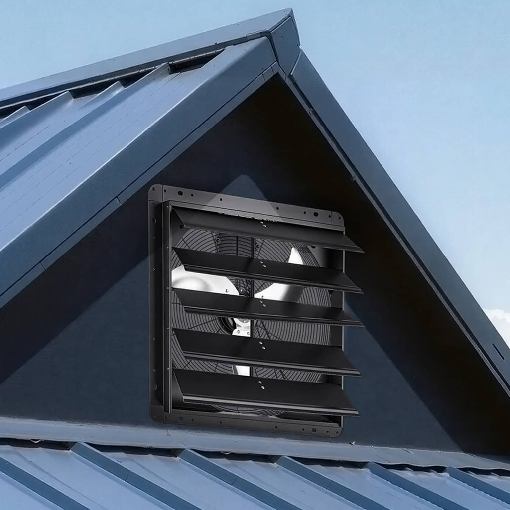 Wall-mounted shutter exhaust fan installed in an exterior wall opening