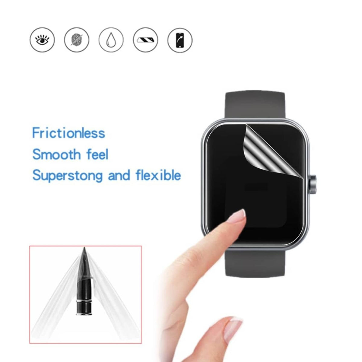 Flexible transparent screen protector film on black smartwatch display, smoothed by hand, gray strap