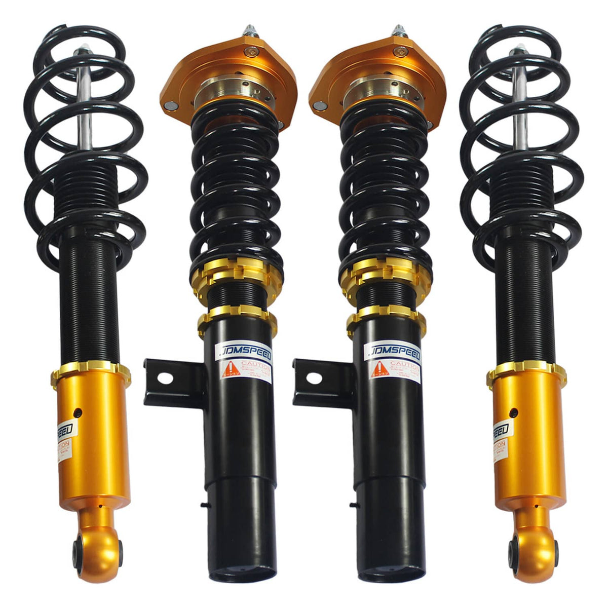 Pair of coilover struts with black springs and gold adjustable upper mounts