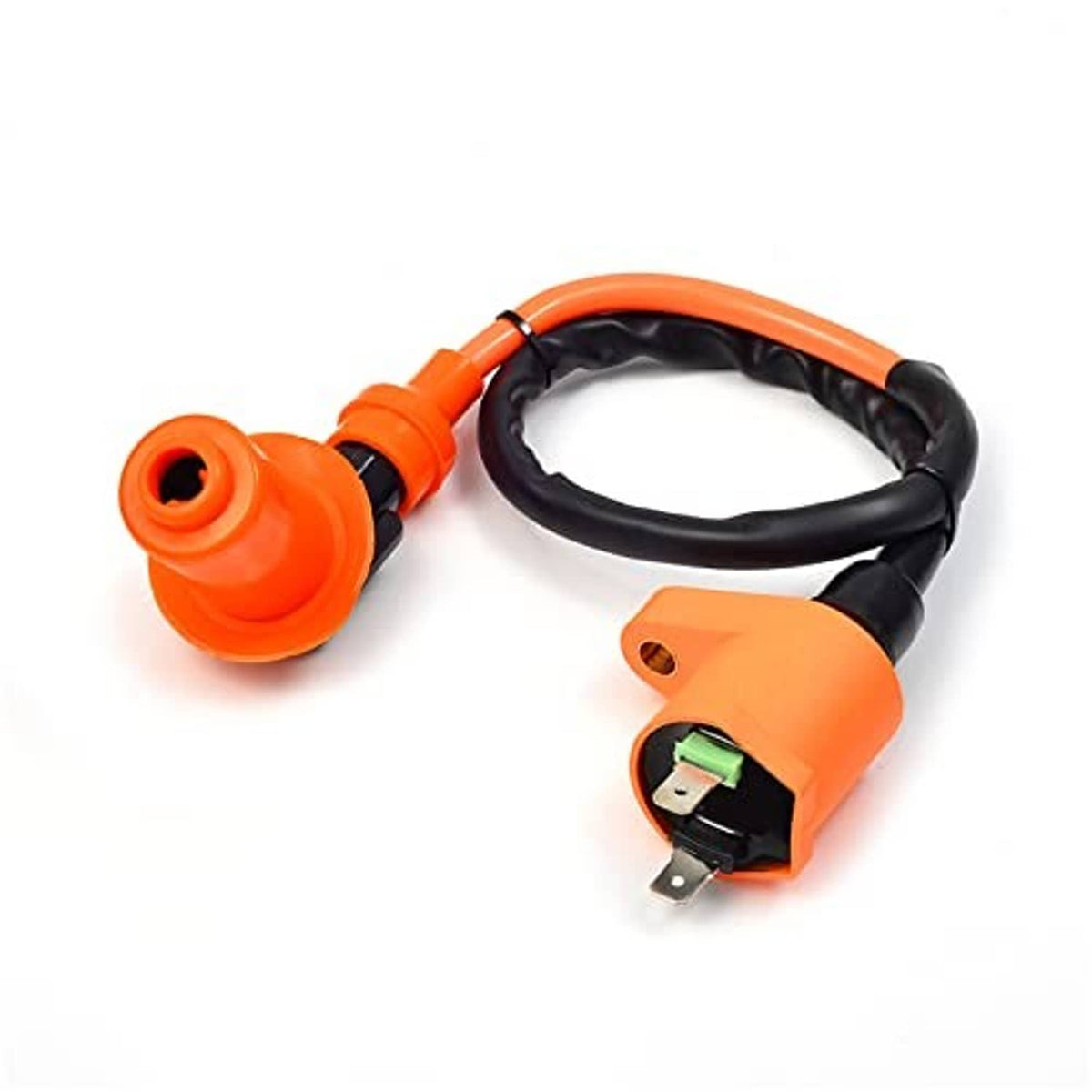 Orange ignition coil with black wire harness and electronic connector