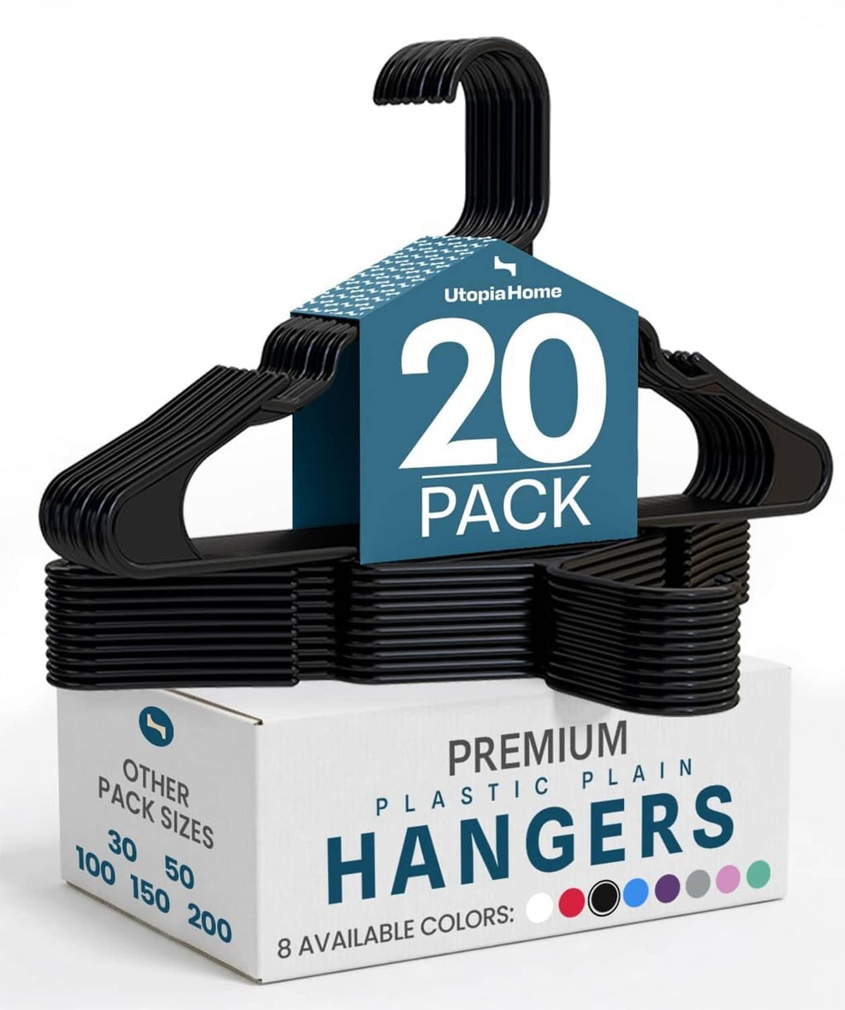 Black plastic hanger 20-pack with hook and curved shoulders, shown in retail packaging.