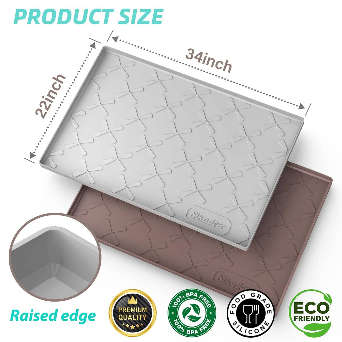 34 x 22 in gray under-sink silicone mat, raised edge, textured cross pattern