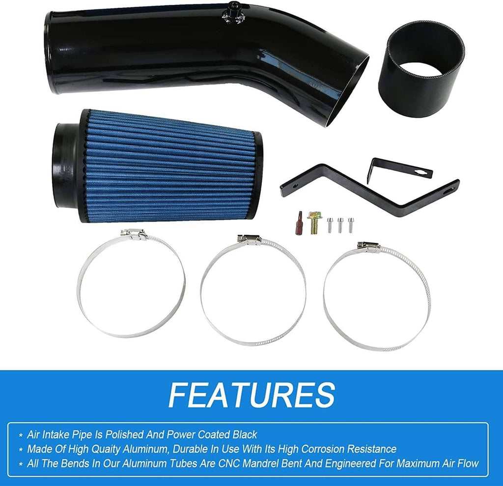 Black intake tube with blue cone air filter, intake hoses, and mounting hardware
