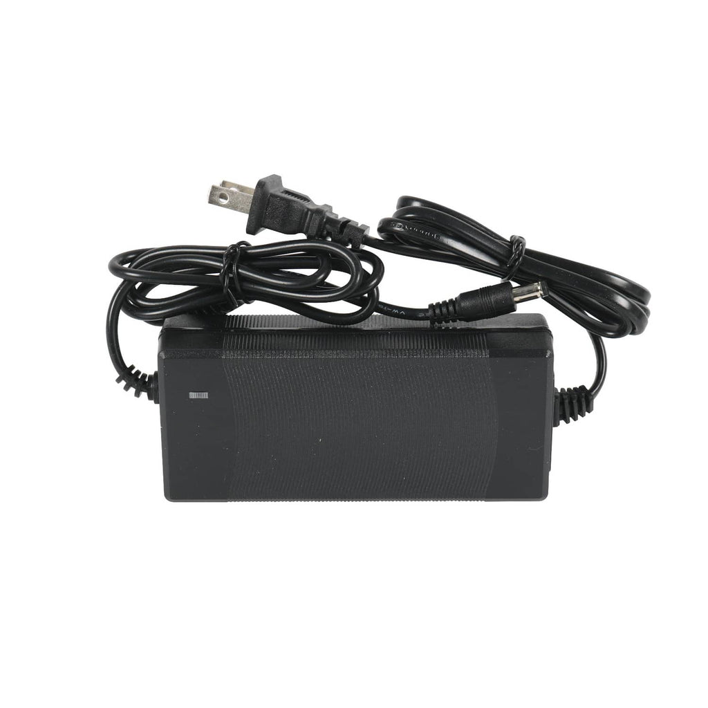 Black power adapter with attached power cord and plug prongs
