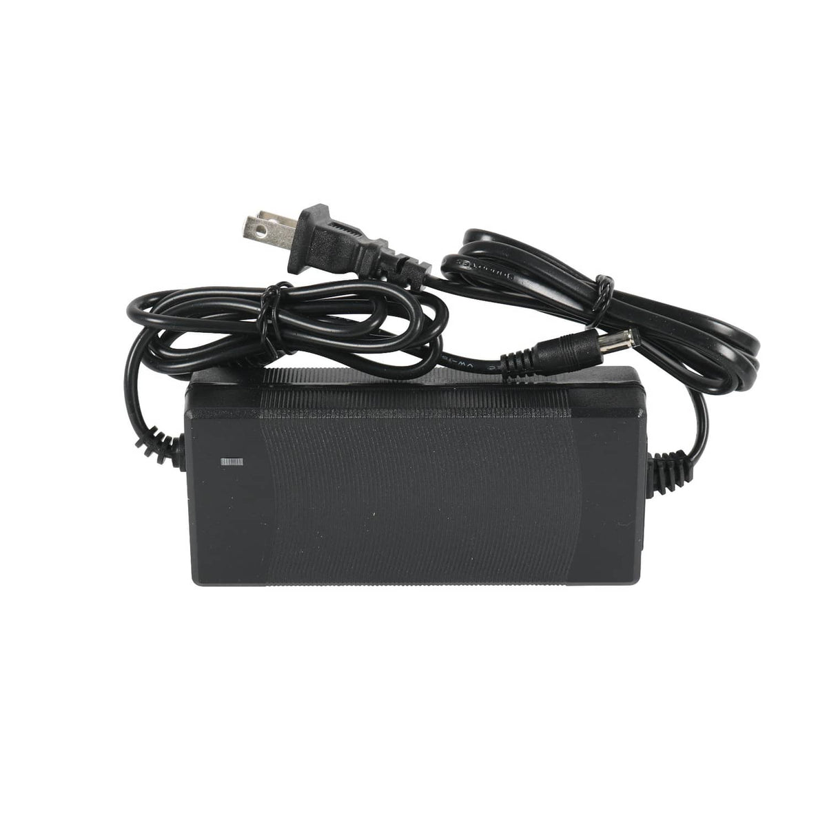 Black power adapter with attached power cord and plug prongs