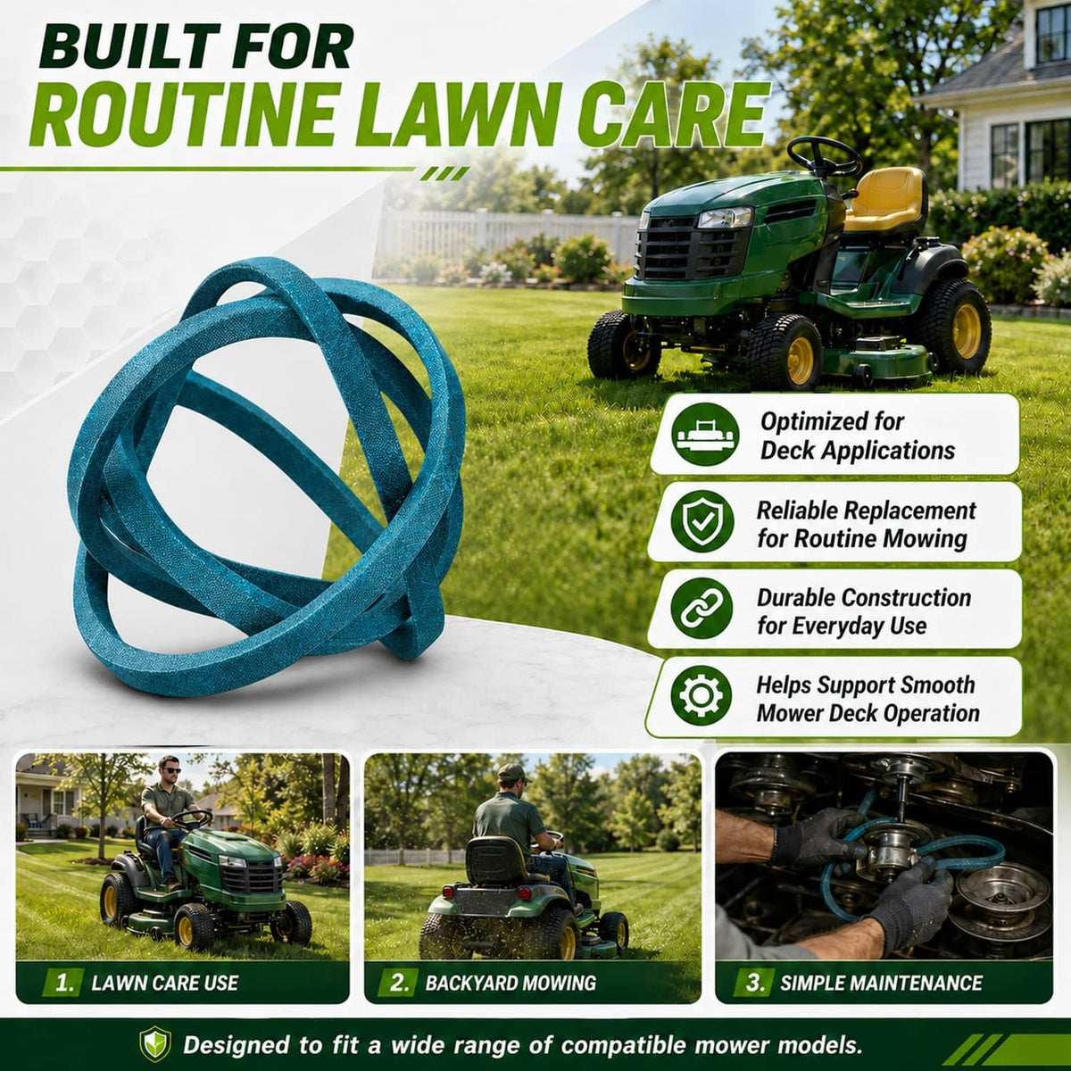 Dark green lawn mower deck belt loop shown in retail packaging for everyday mowing