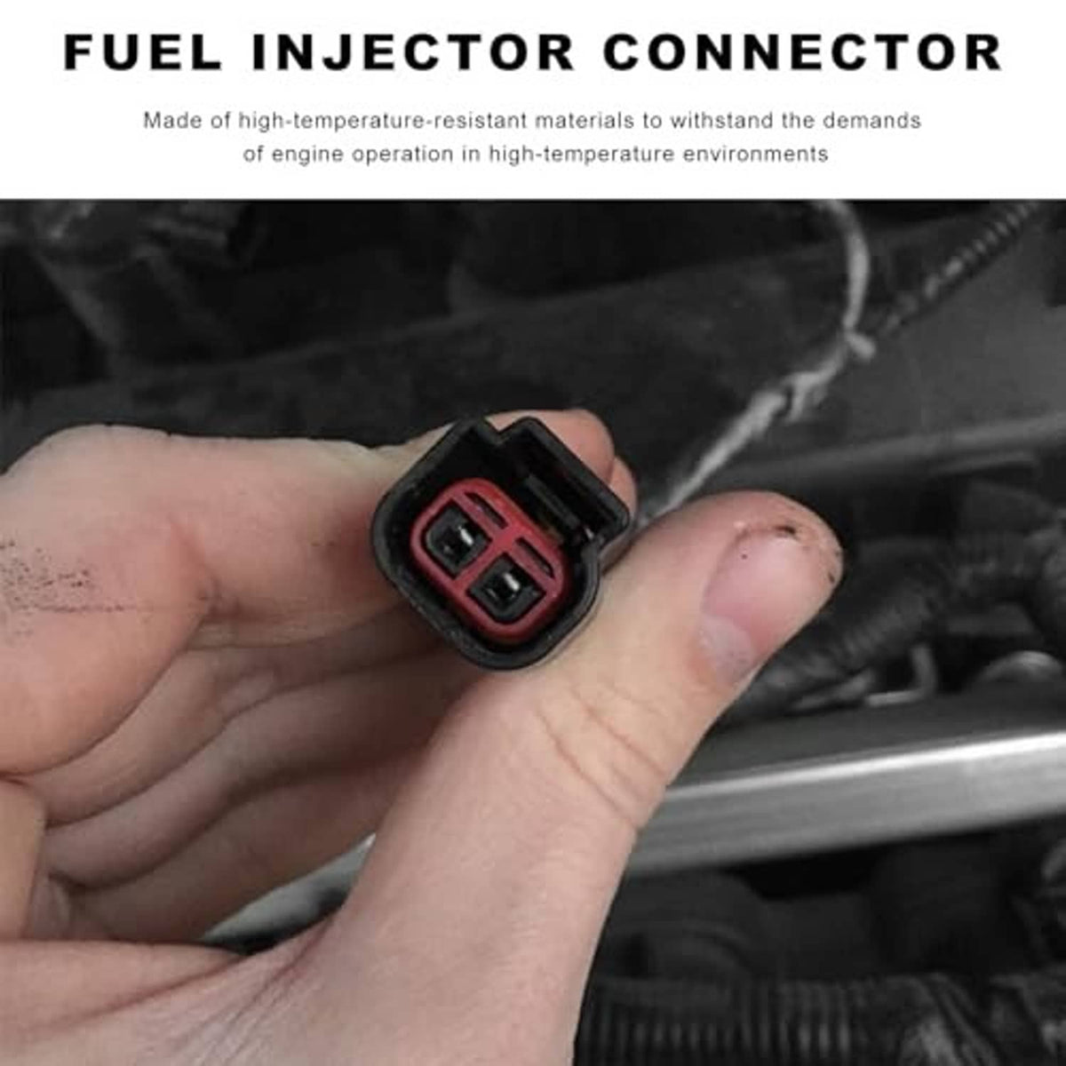 Fuel injector connector held in hand: black housing with red 2-pin socket