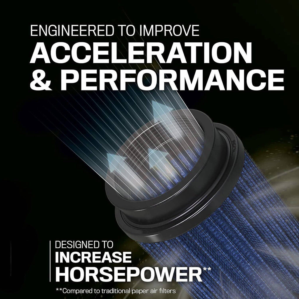 Blue pleated cone air filter with black rubber housing and airflow illustration overlay