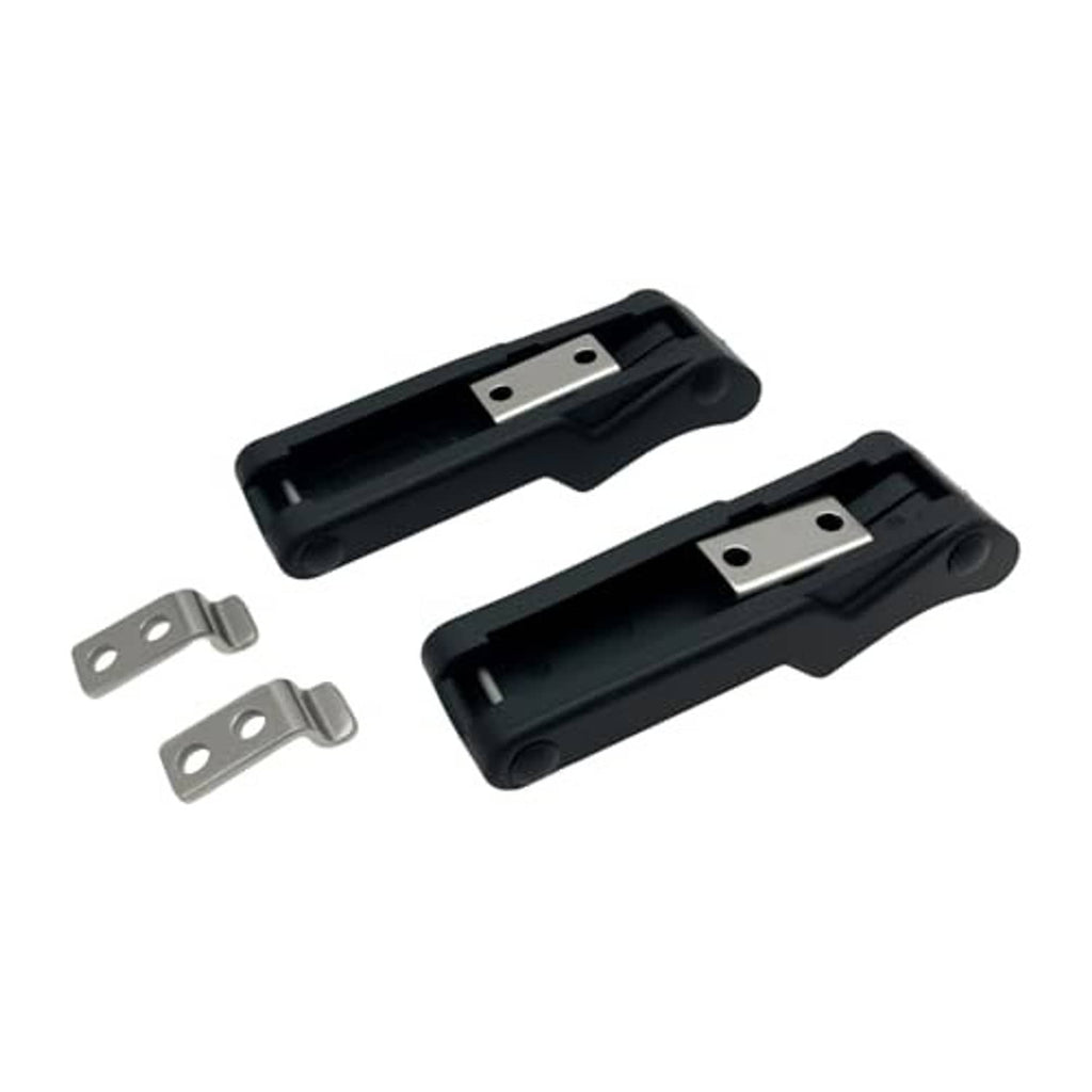 Black latch bases with silver mounting plates and two silver metal brackets