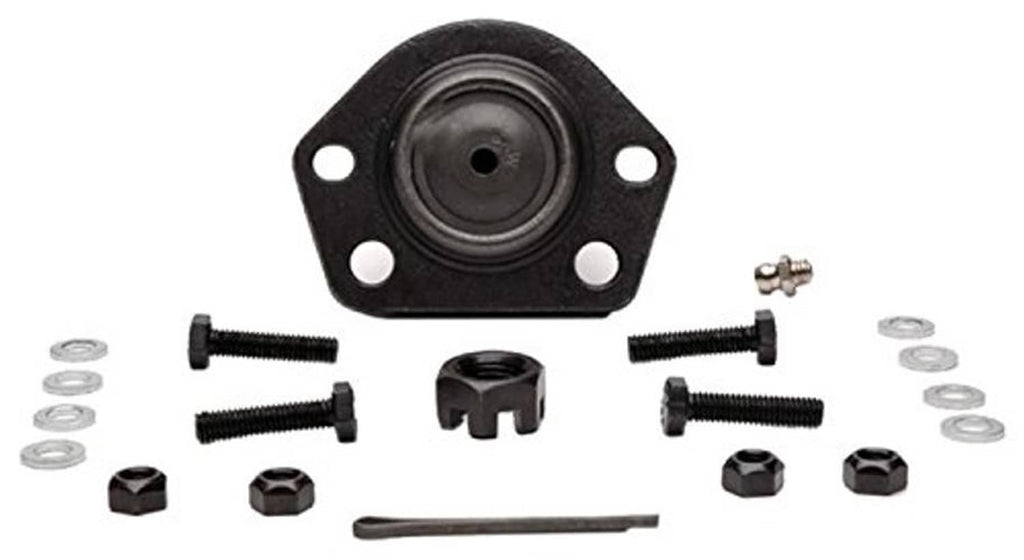 Front upper suspension ball joint assembly with rubber boot, flange holes, and fasteners