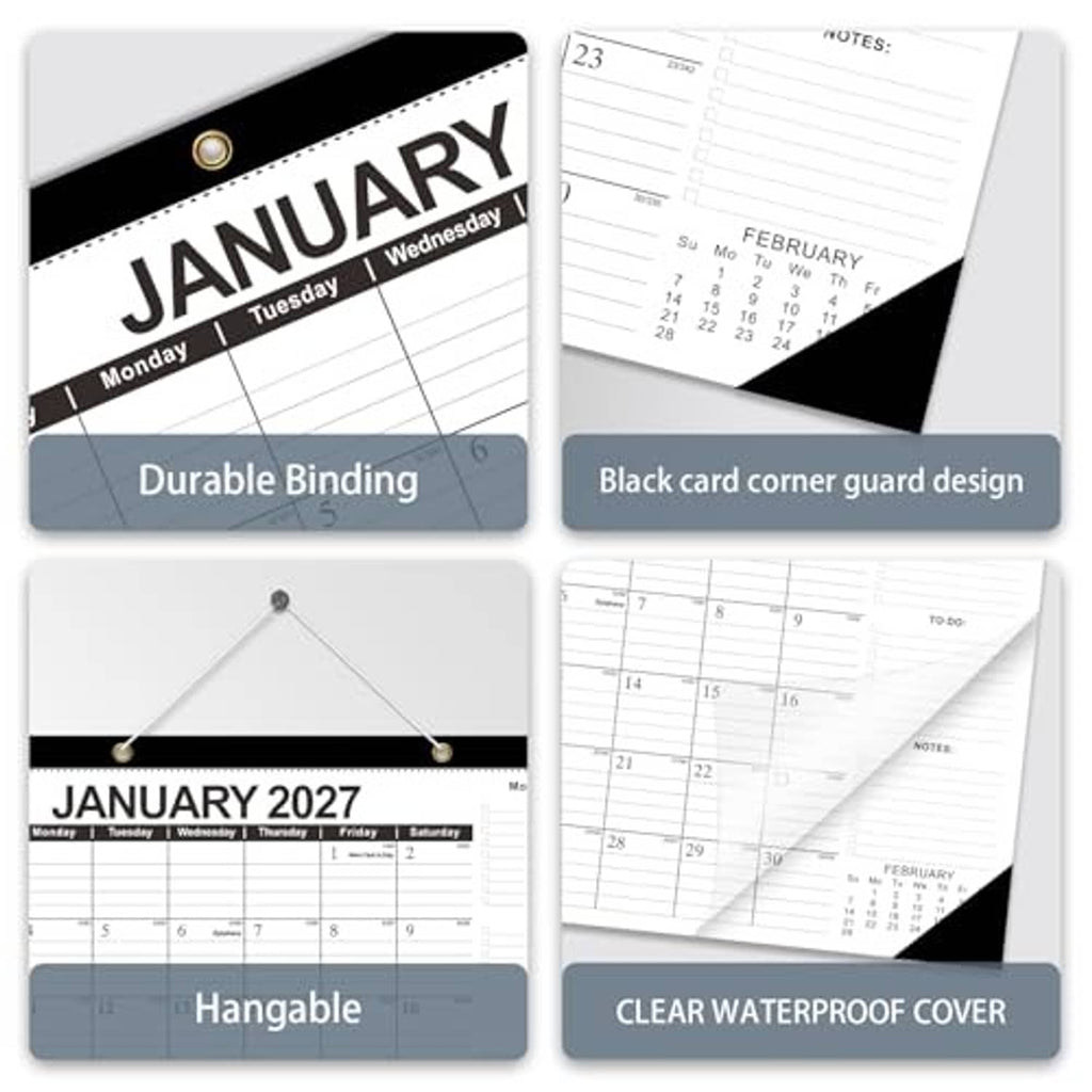 Desk calendar cards showing January 2027 grid, durable binding, black corner guard