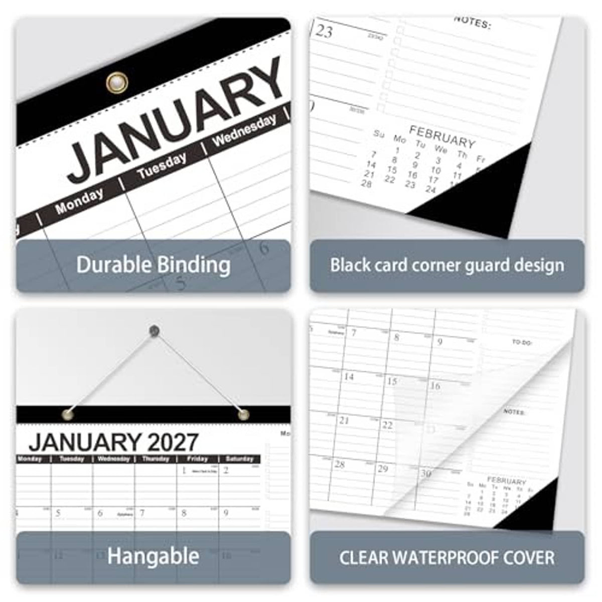 Desk calendar cards showing January 2027 grid, durable binding, black corner guard