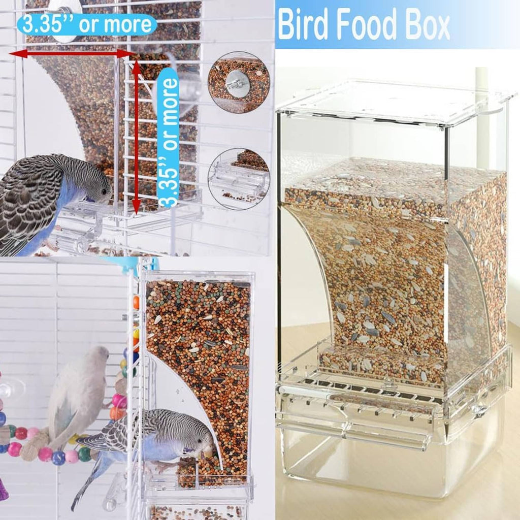 Transparent bird food box and automatic feeder shown with mixed seed and metal knob