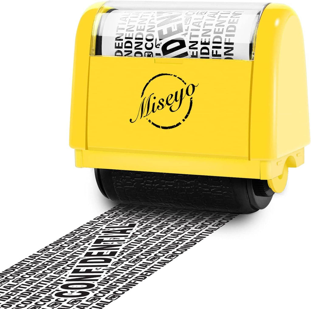 Yellow roller identity theft stamp with ink strip and Misey logo