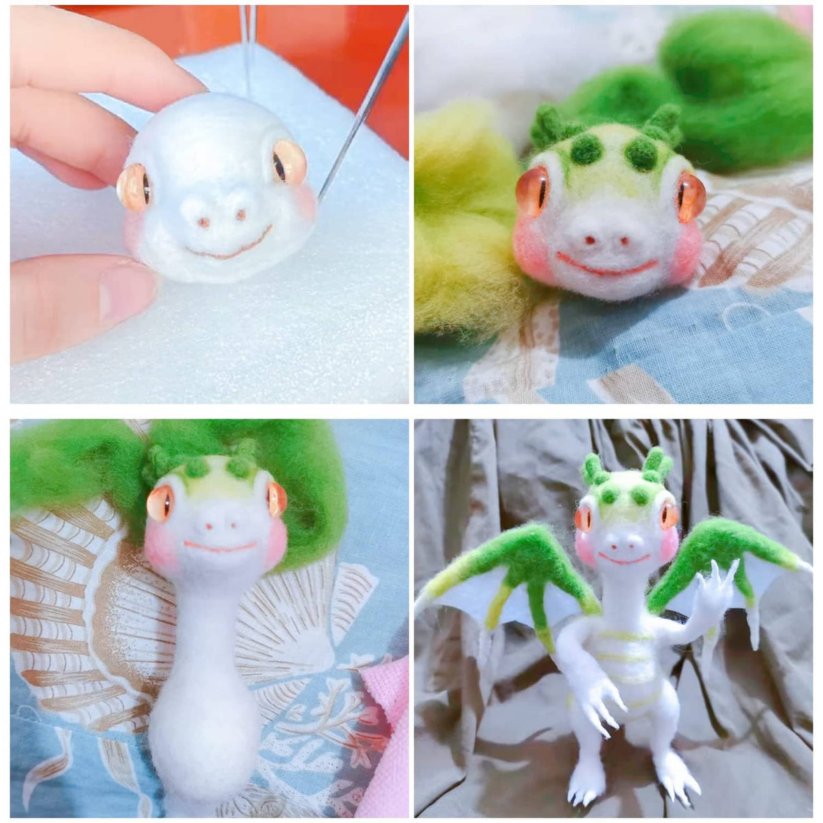 Pair of felt dragon figurines in blue and green, shown being held
