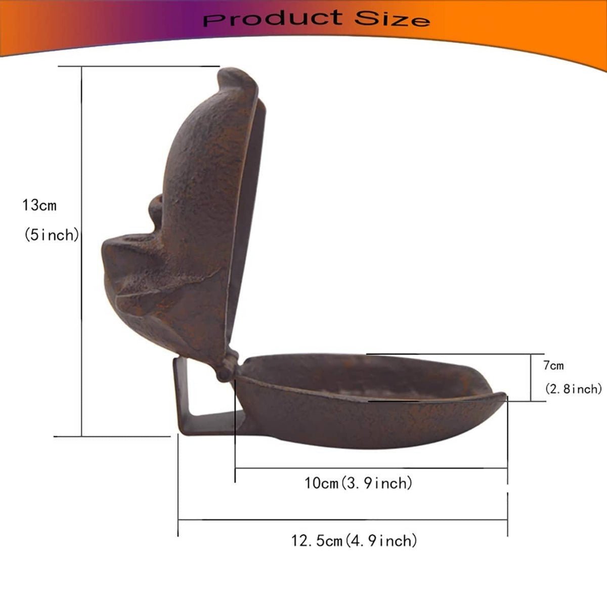 Monkey ashtray with hinged open lid; product size diagram shown