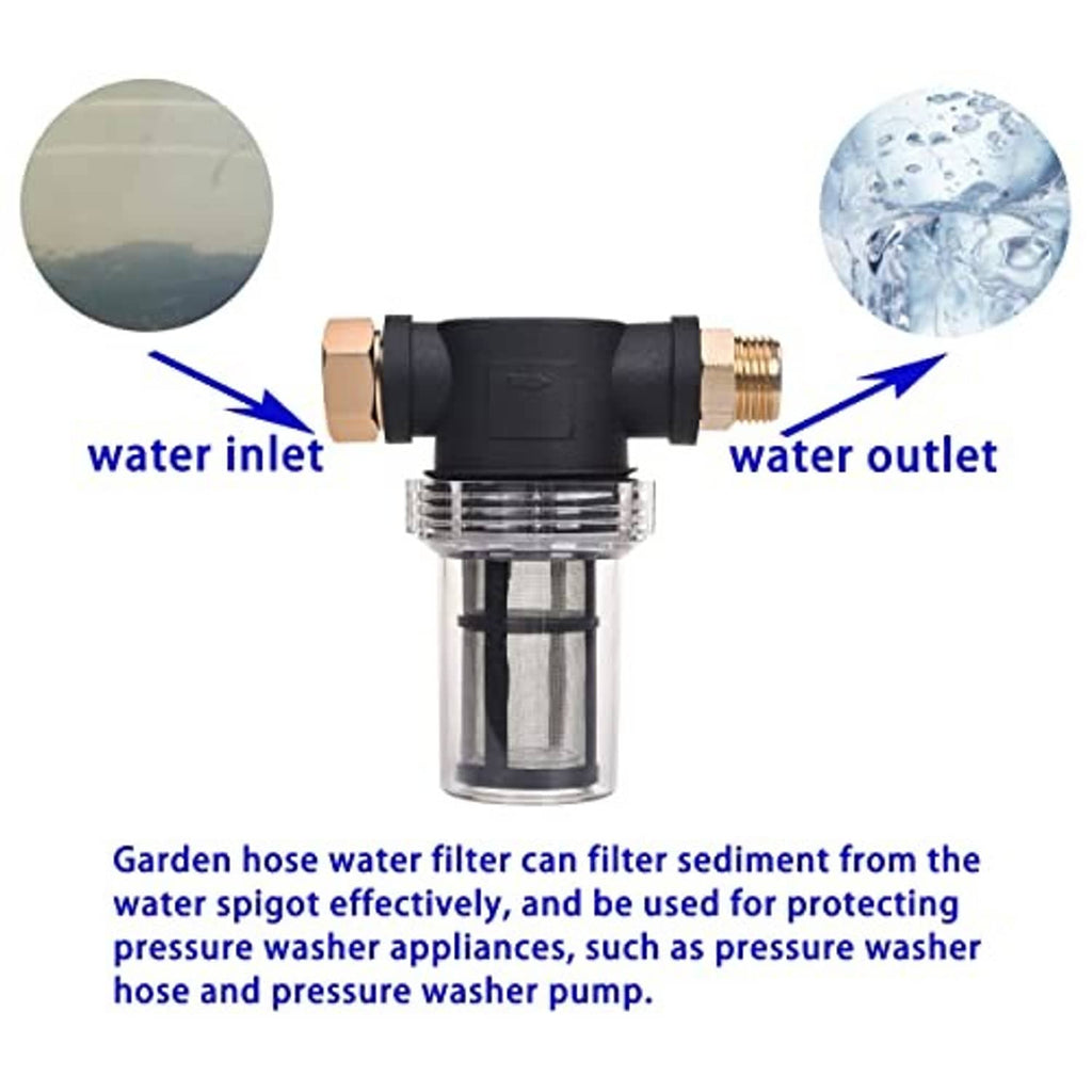 Inline hose water filter with clear canister, black center, brass inlet and outlet