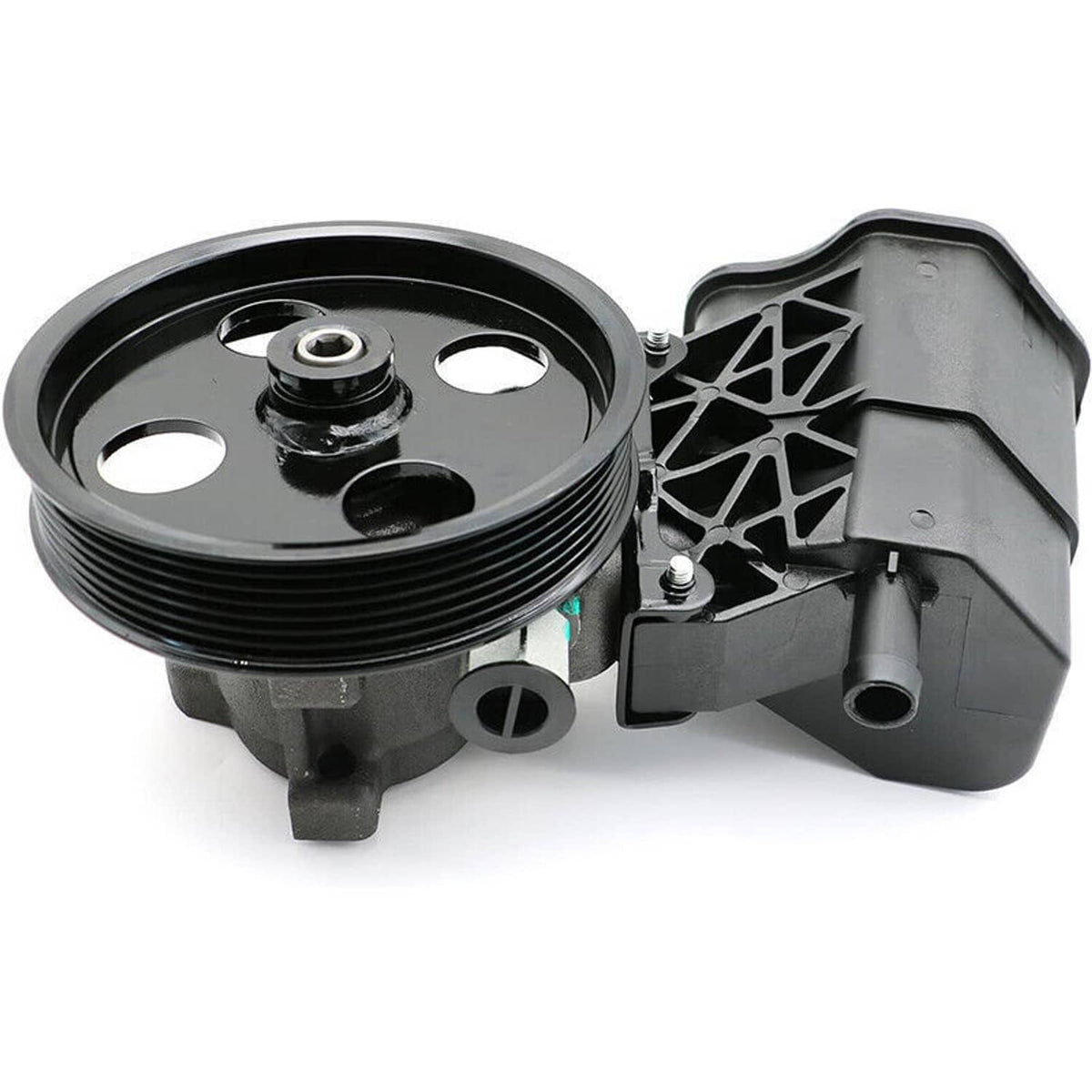 Power steering pump with reservoir and pulley, front view with ribbed pulley grooves
