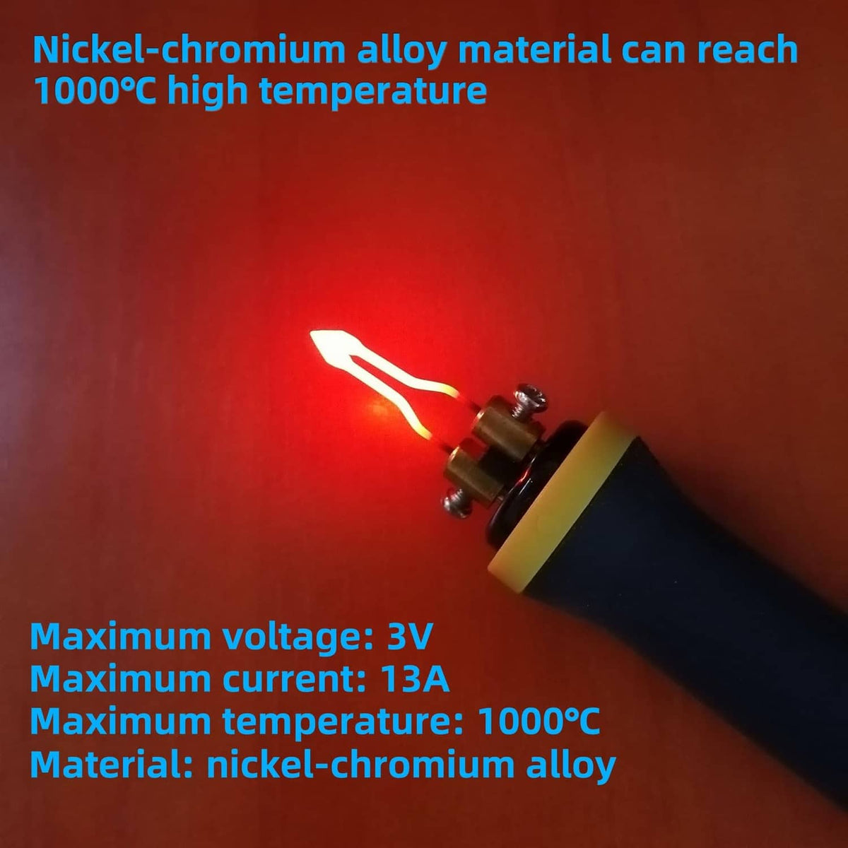 Nickel-chromium wood burning pen heating tip with glowing metal element