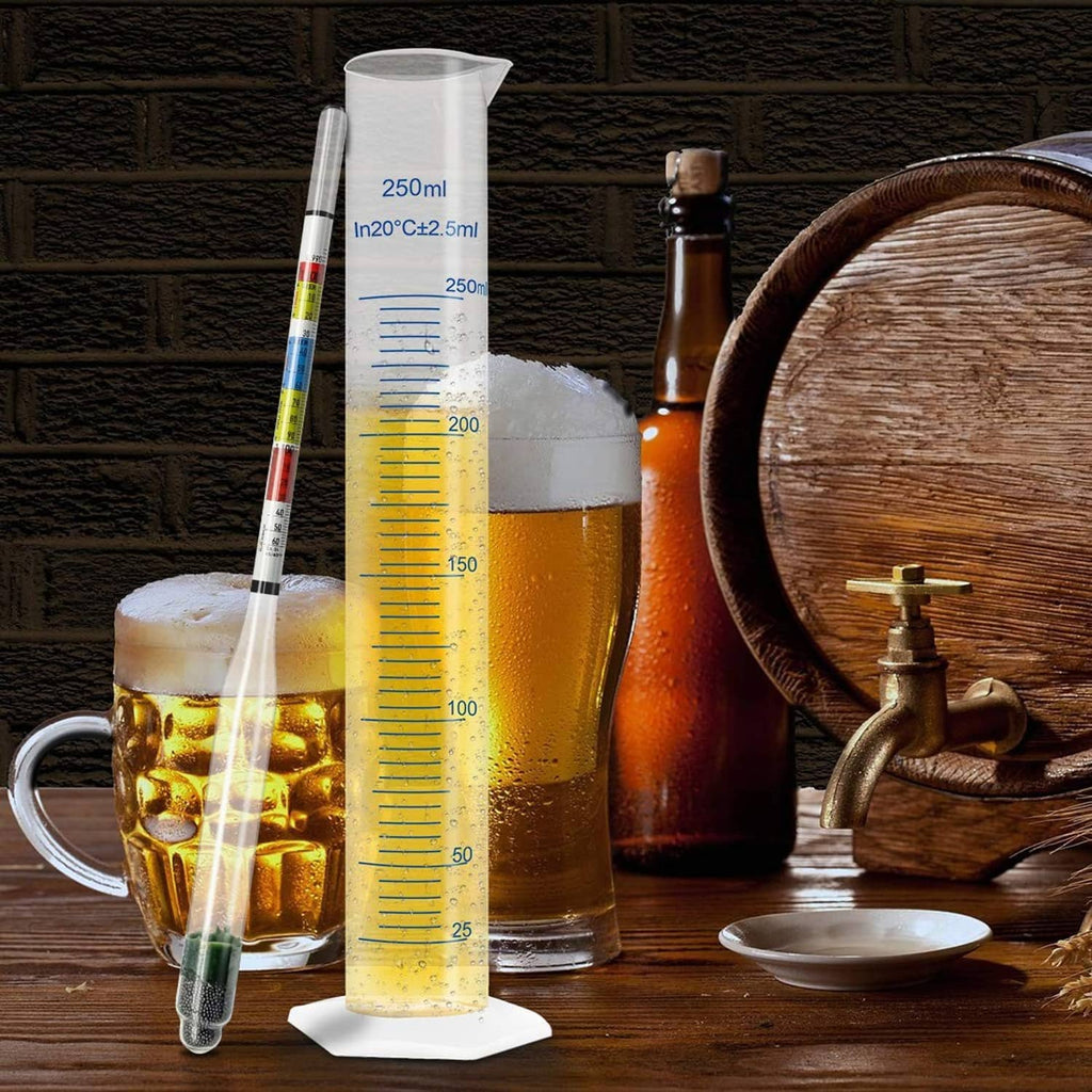 250 ml test jar filled with beer and a triple scale alcohol hydrometer