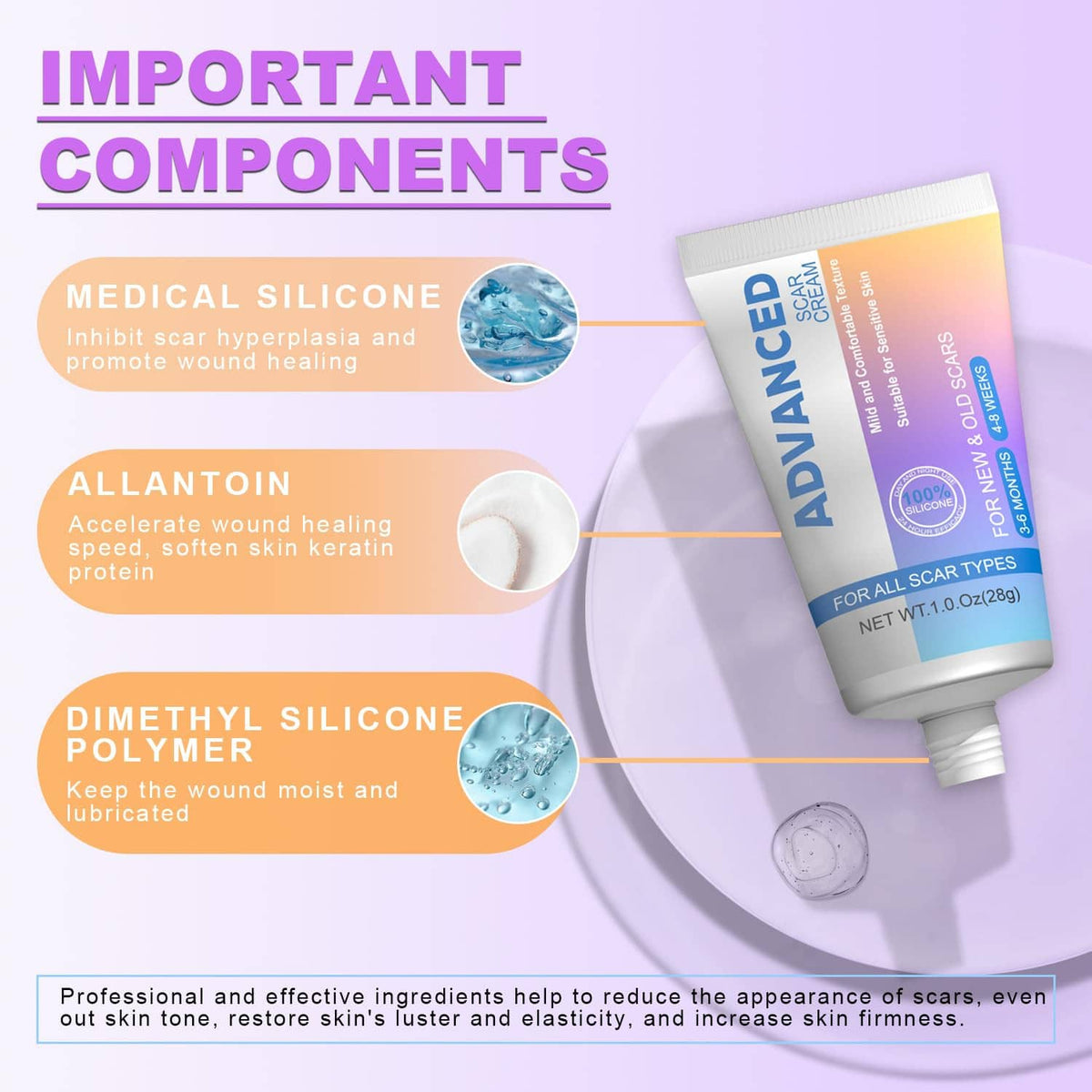 Silicone scar gel tube with orange gradient label on a medical ingredients infographic