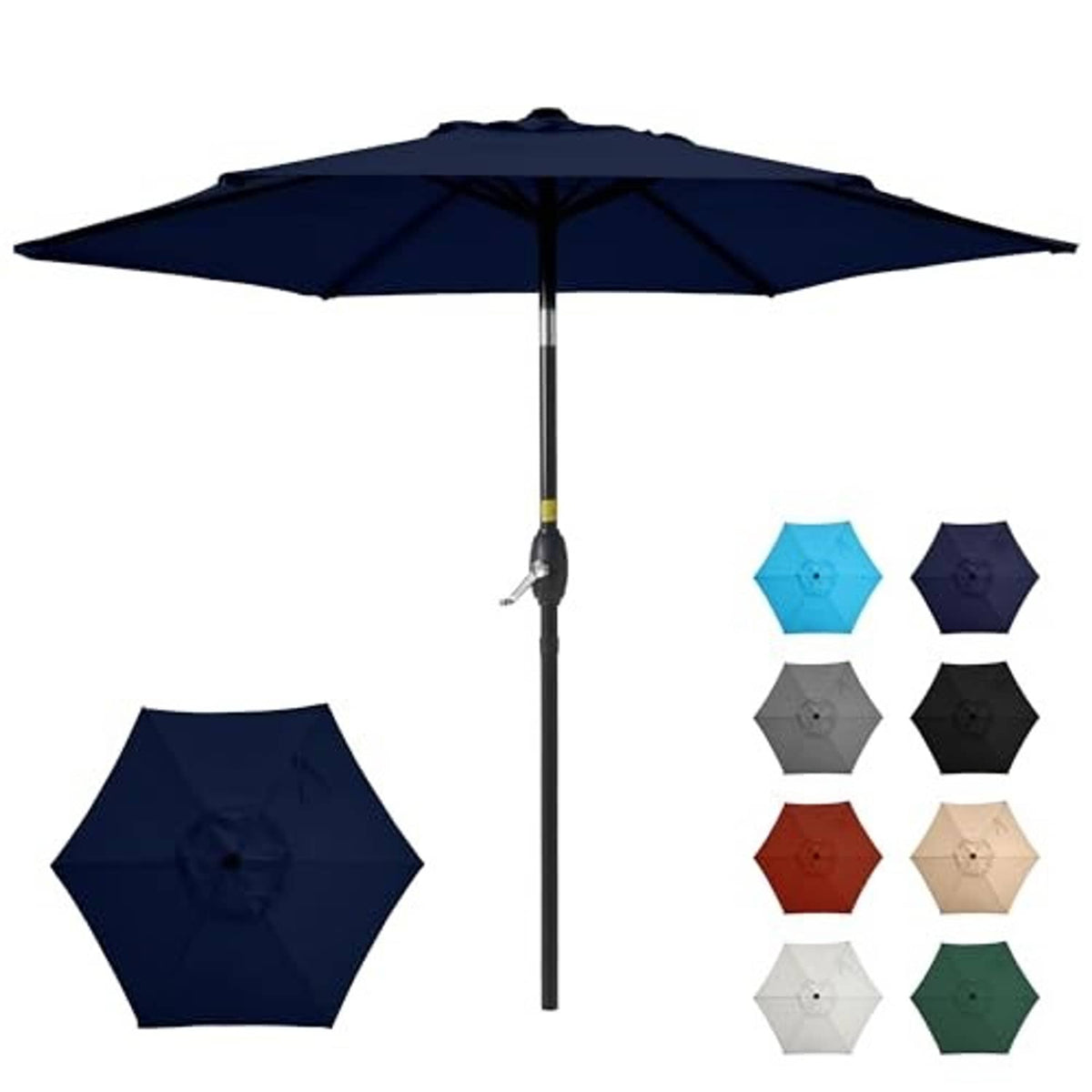 Navy blue patio market table umbrella with round finial and adjustable strap detail