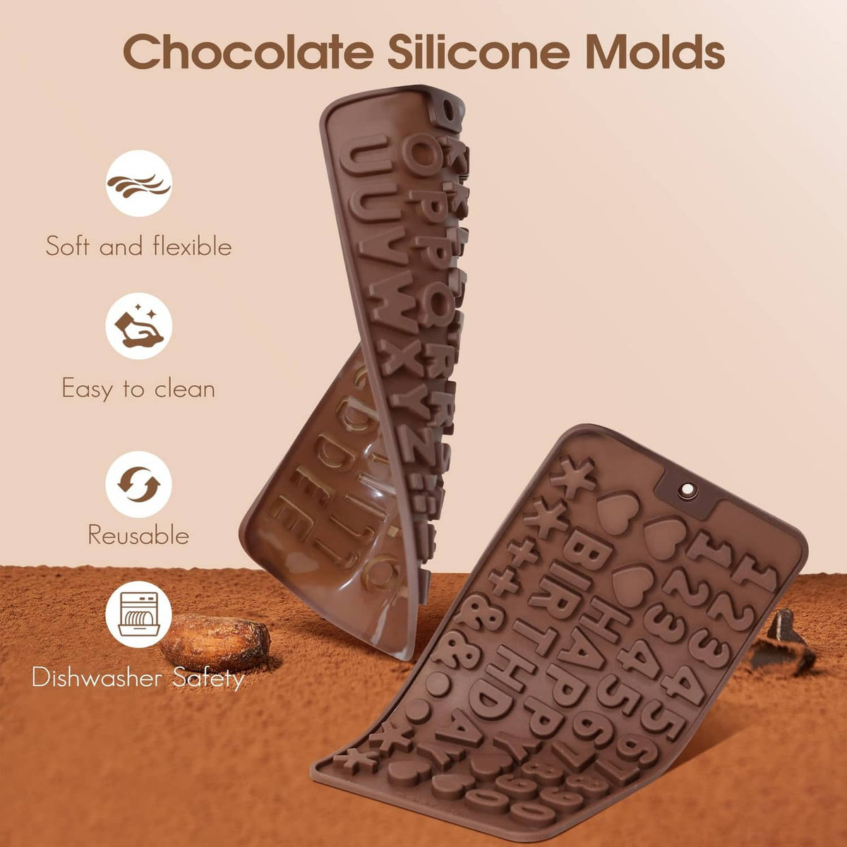 Chocolate silicone letter mold with flexible hinge and alphabet number cavities