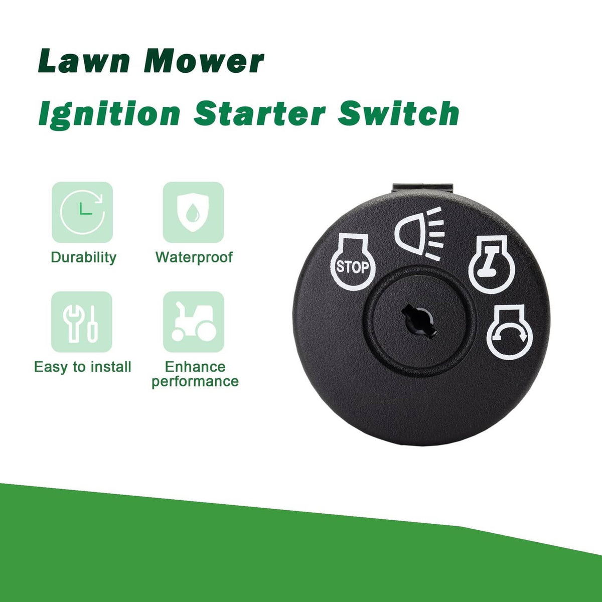 Black lawn mower ignition starter switch with key slot and control icons