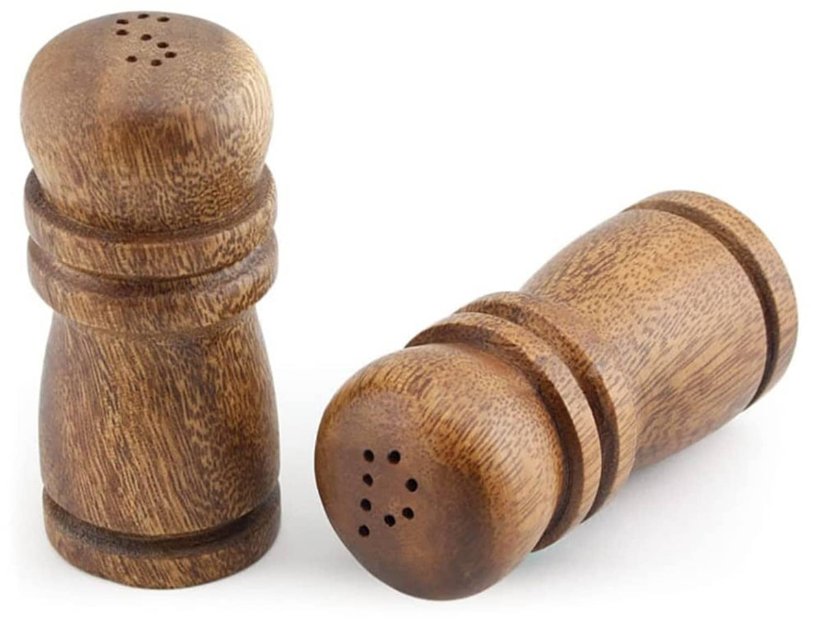 Brown acacia wood salt & pepper shakers with perforated tops