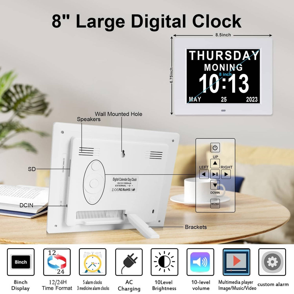 Digital wall clock with back panel, speaker grille, SD slot, and control buttons