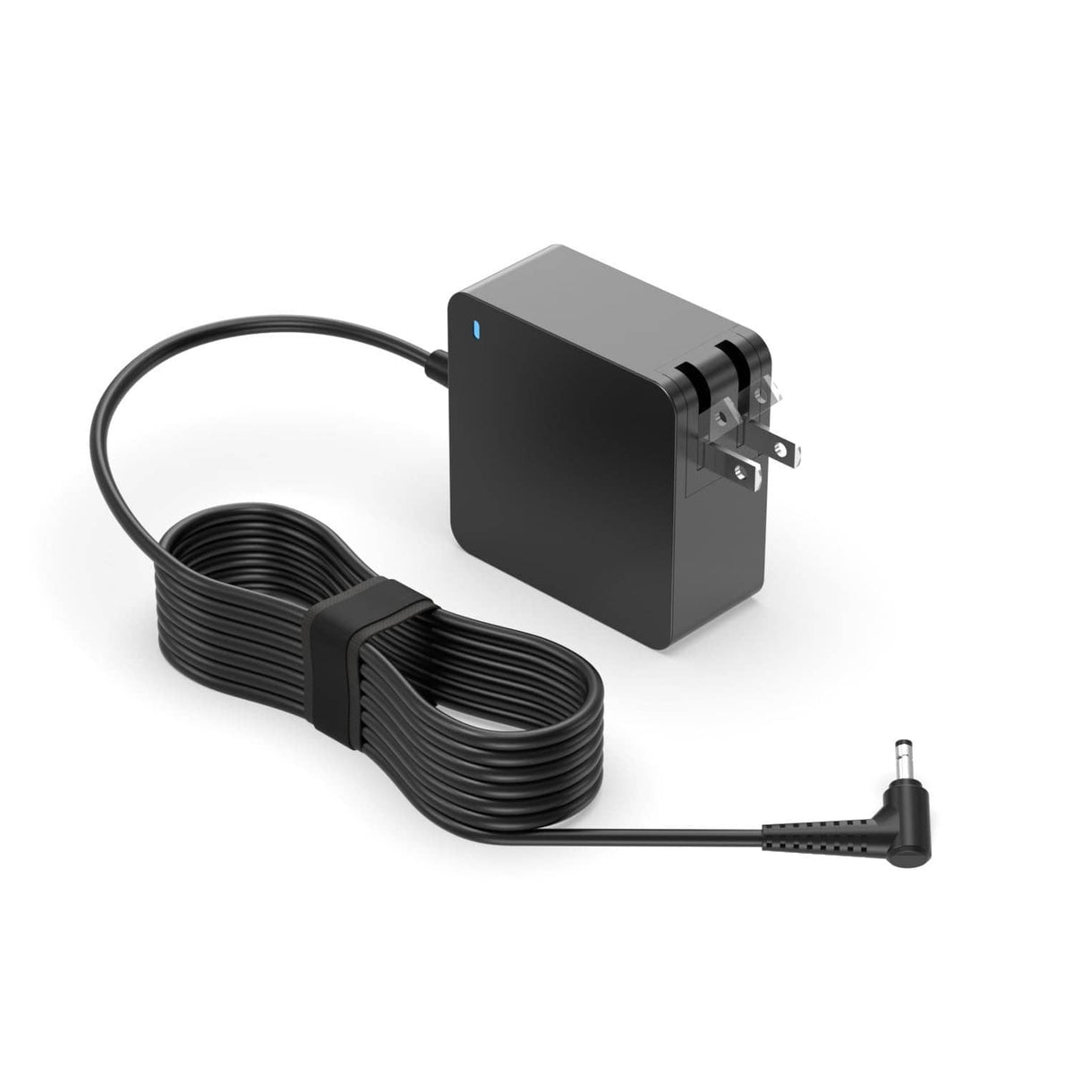 Black laptop charger with detachable power cable and plug