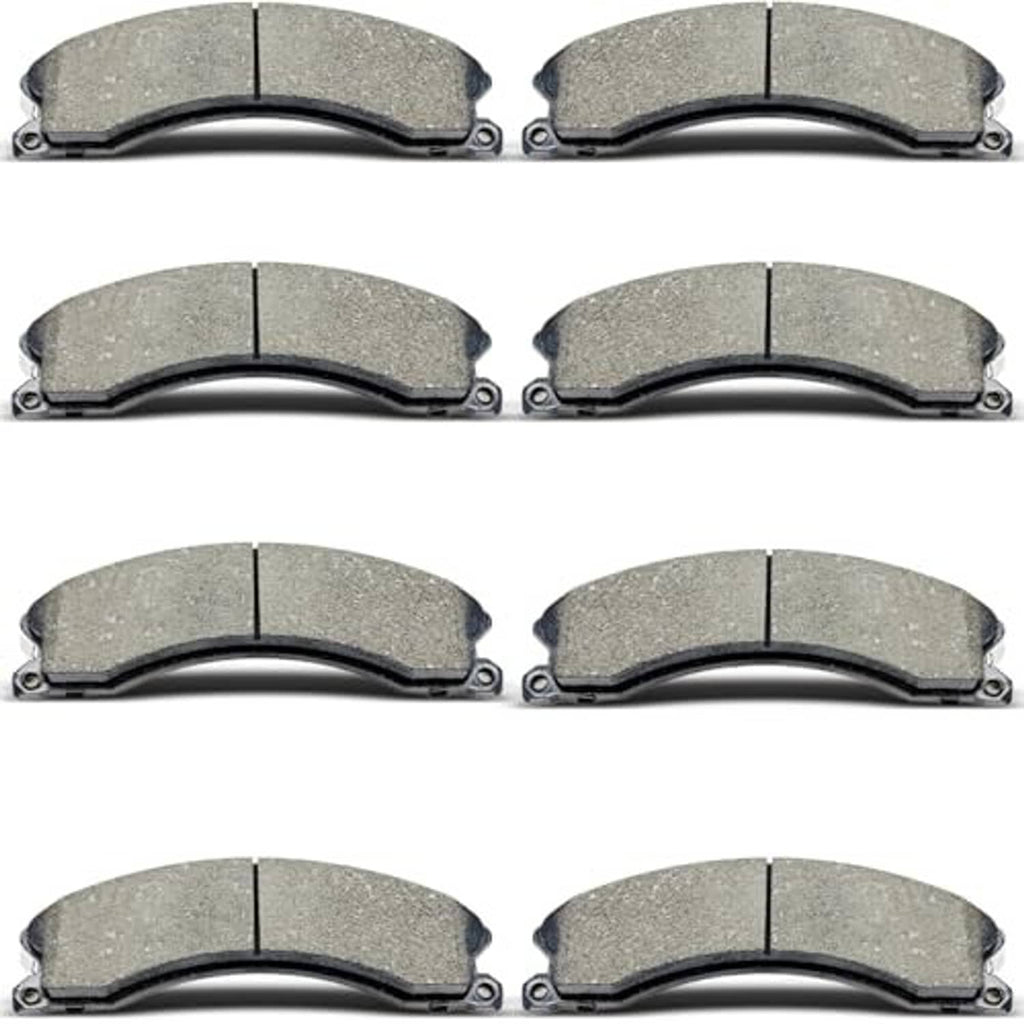 Ceramic brake pads set, stacked view of grey friction pads with metal hardware