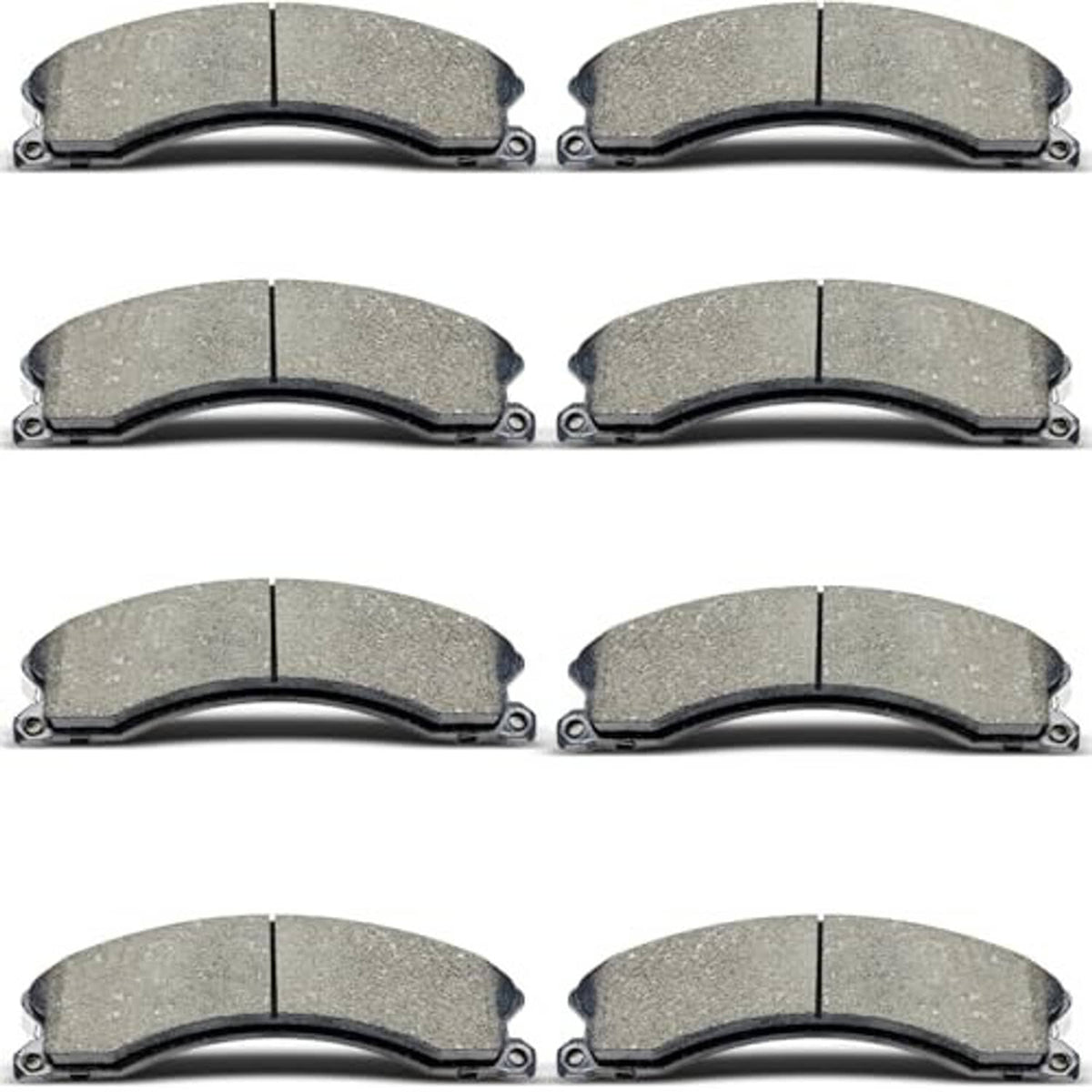 Ceramic brake pads set, stacked view of grey friction pads with metal hardware