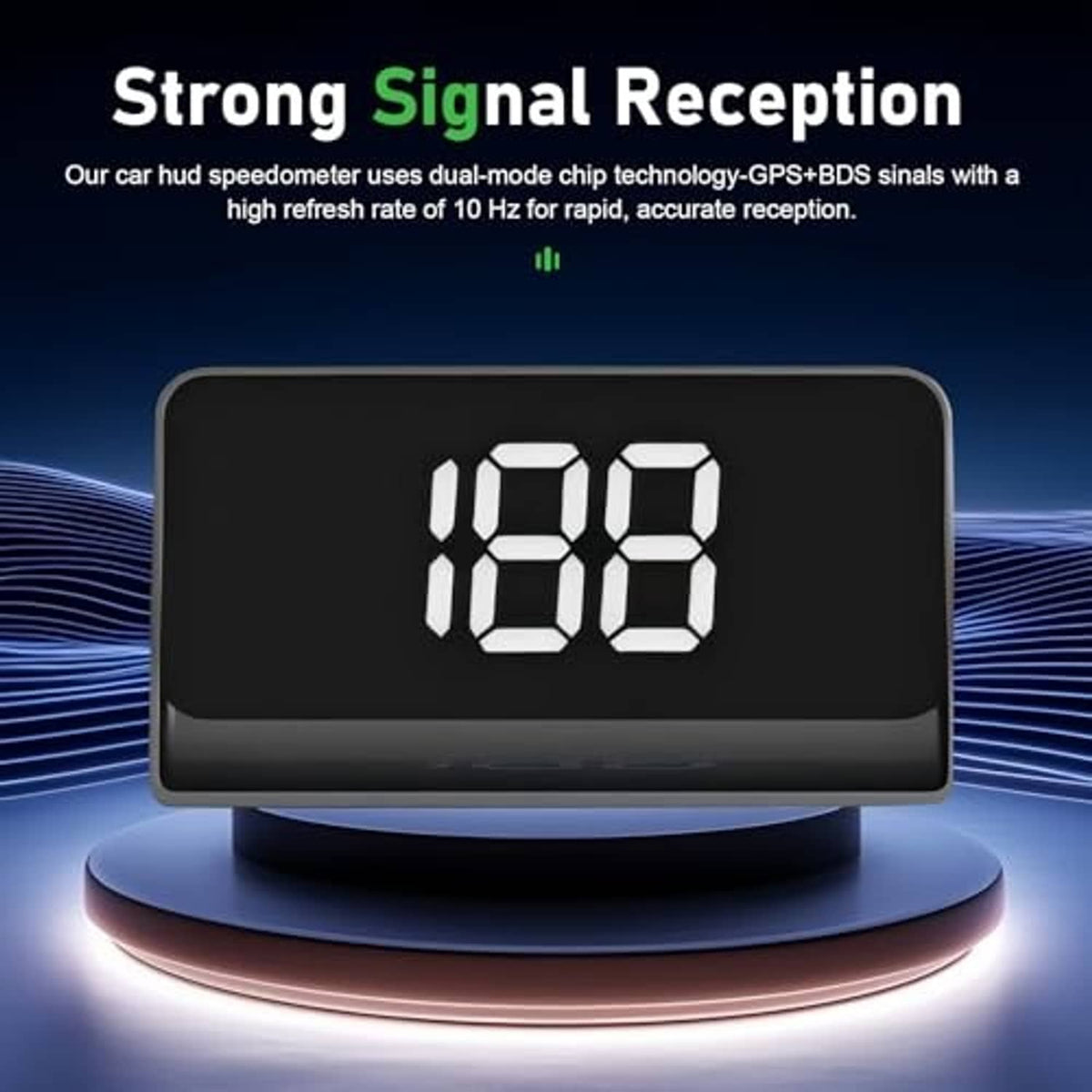 Car HUD speedometer display on base, dark housing with white digits 113