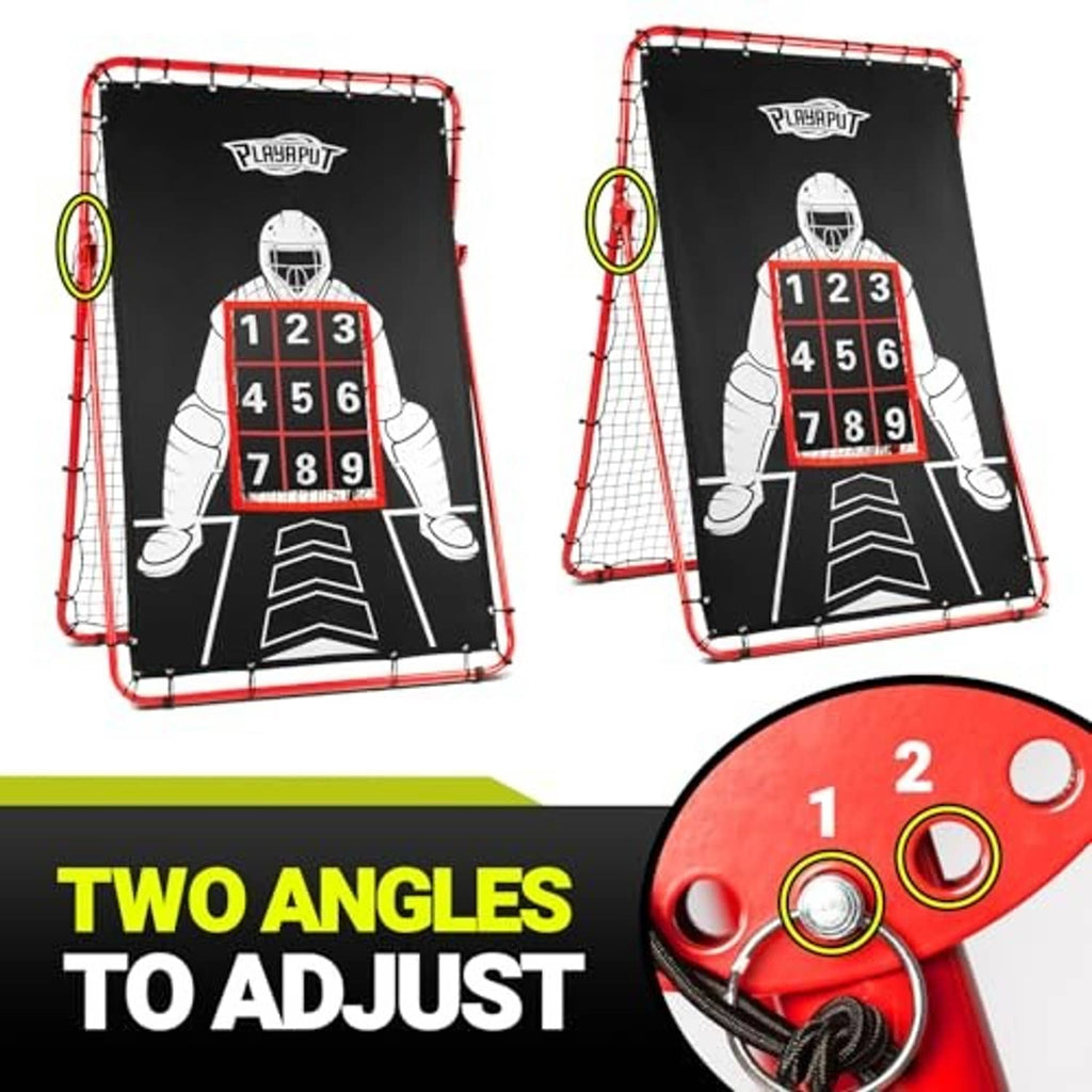Baseball target pitching net with black face, red trim, and numbered hit target board
