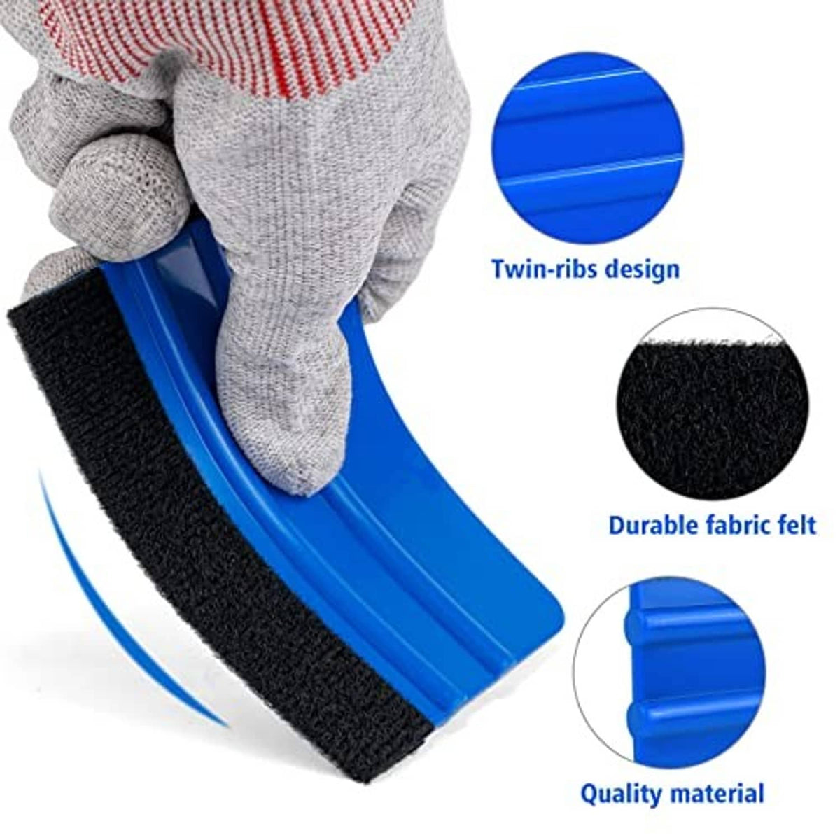 Handheld blue ribbed squeegee with black felt strip for vinyl smoothing