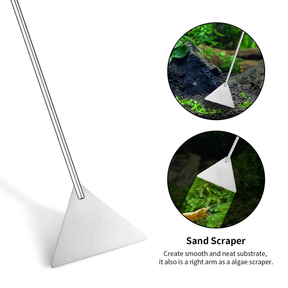 Triangular metal sand scraper tool with handle, silver finish