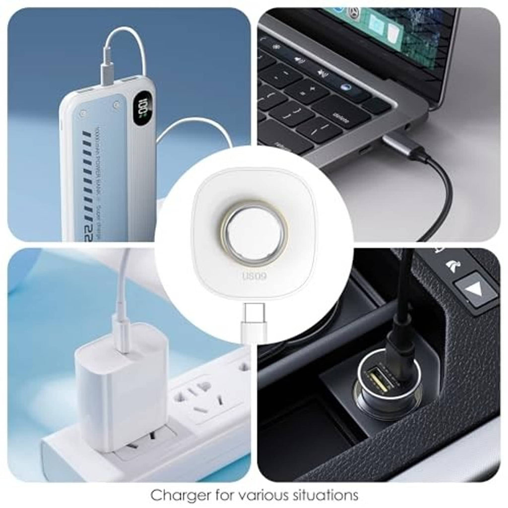 White charging dock with circular ring contact and USB-C cable for different outlets