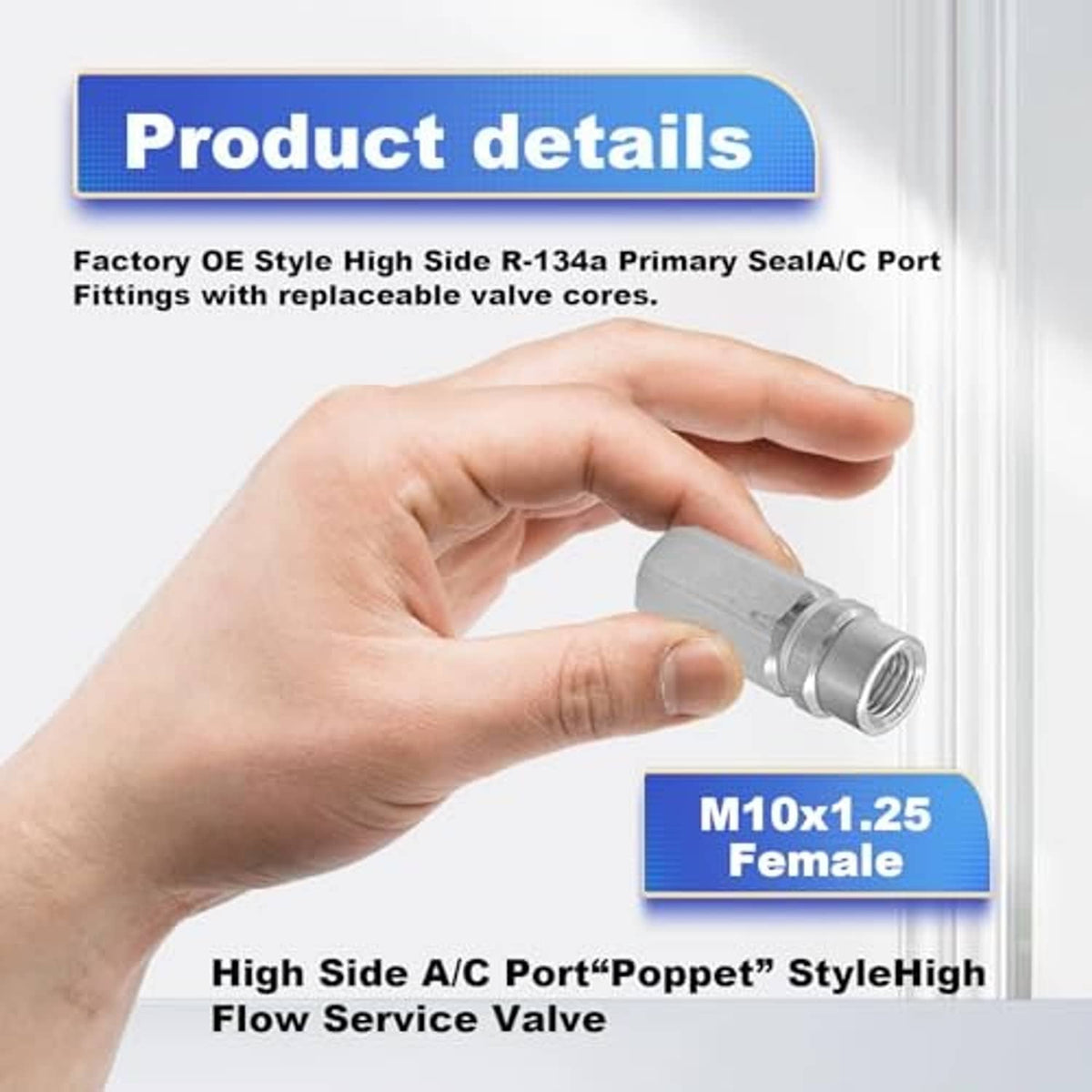 Refrigeration service valve fitting with M10x1.25 female thread, shown held in hand