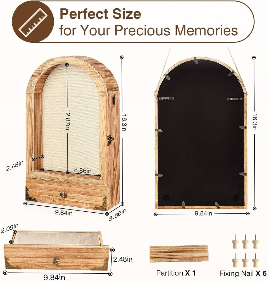 Arched shadow box frame back panel with black backing and mounting hardware points
