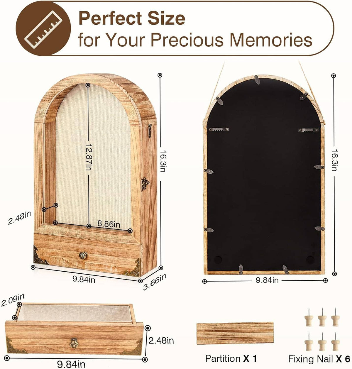 Arched shadow box frame back panel with black backing and mounting hardware points