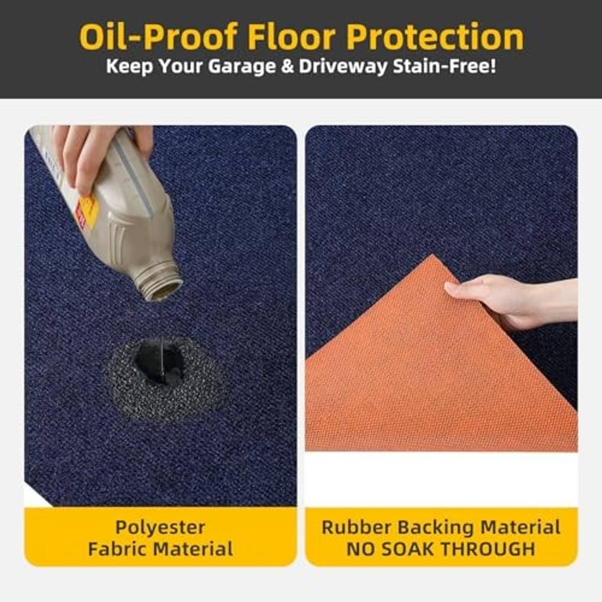 Blue textured oil change mat with orange absorbent section, hand smoothing the corner