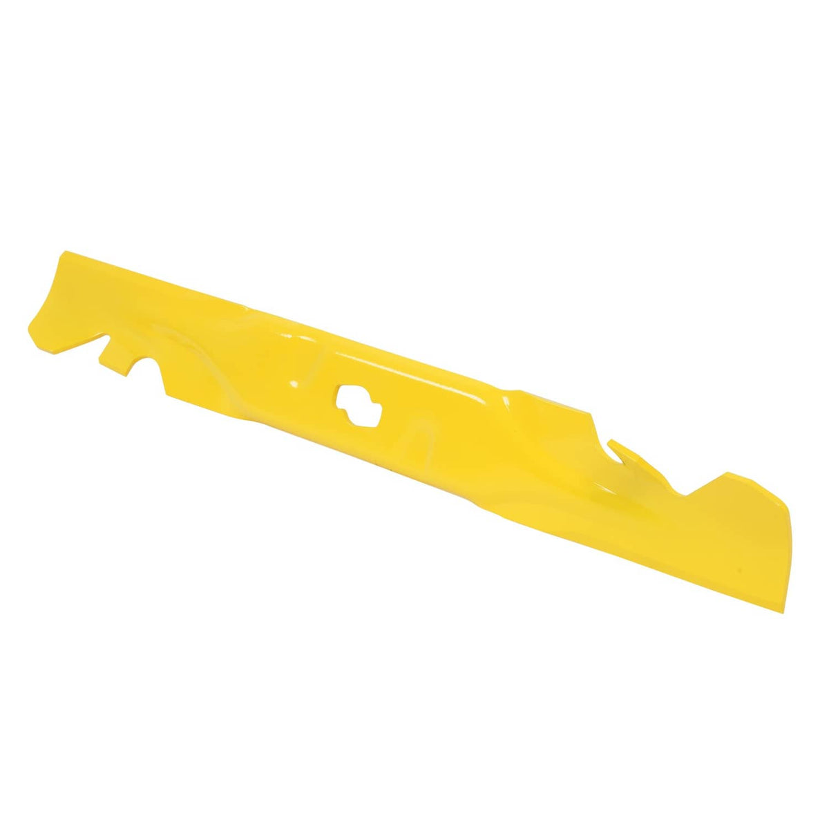 Yellow mulching blade with notched end and bolt hole