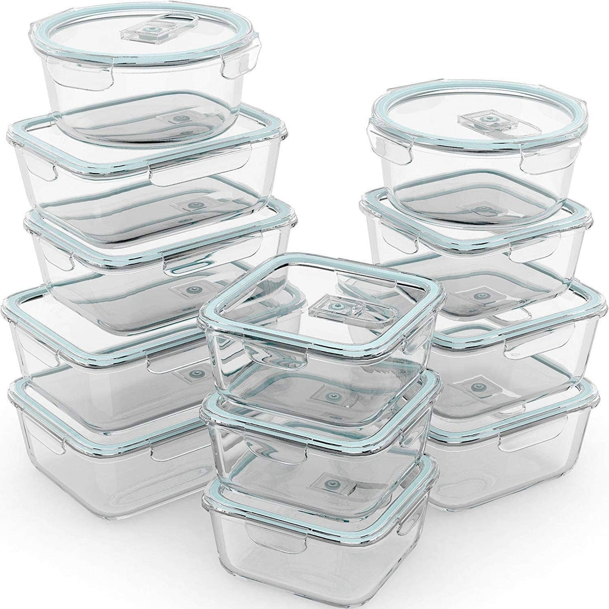 24-piece airtight glass food storage container set with locking lids, square and round sizes