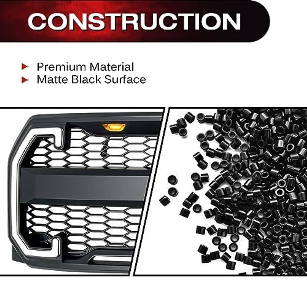 Matte black front grille with mesh insert and amber LED lights, construction detail with fasteners