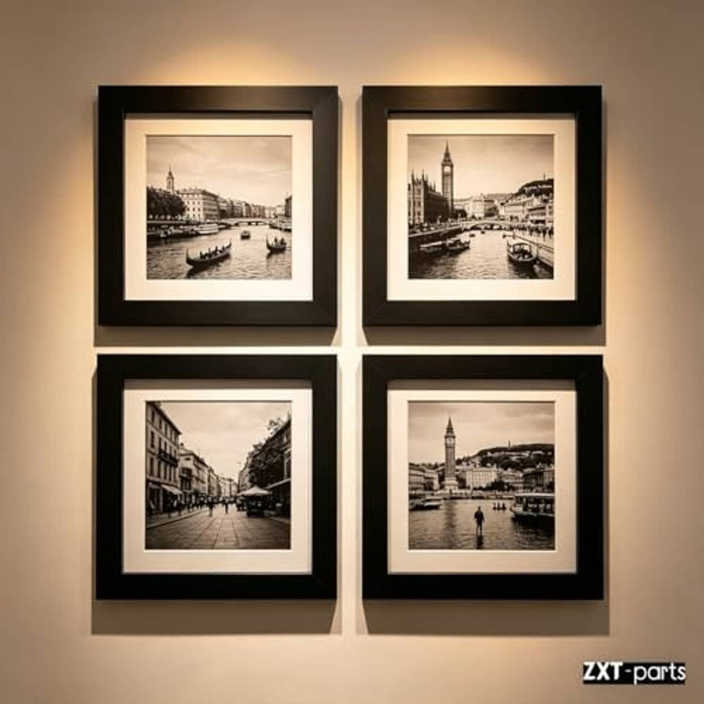 Set of four black square picture frames with white mats arranged on a wall