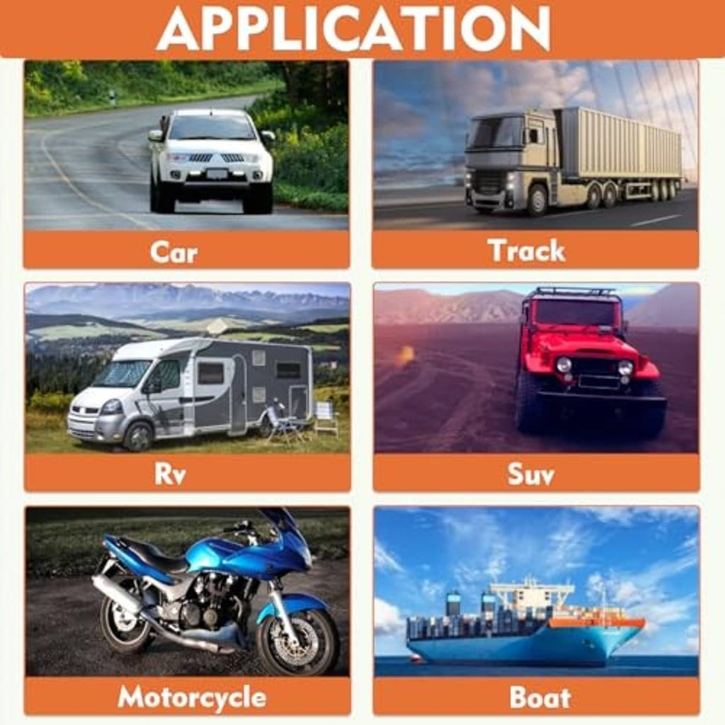 Vehicle application graphic featuring a small DC voltmeter icon for car, truck, RV, SUV, bike, boat